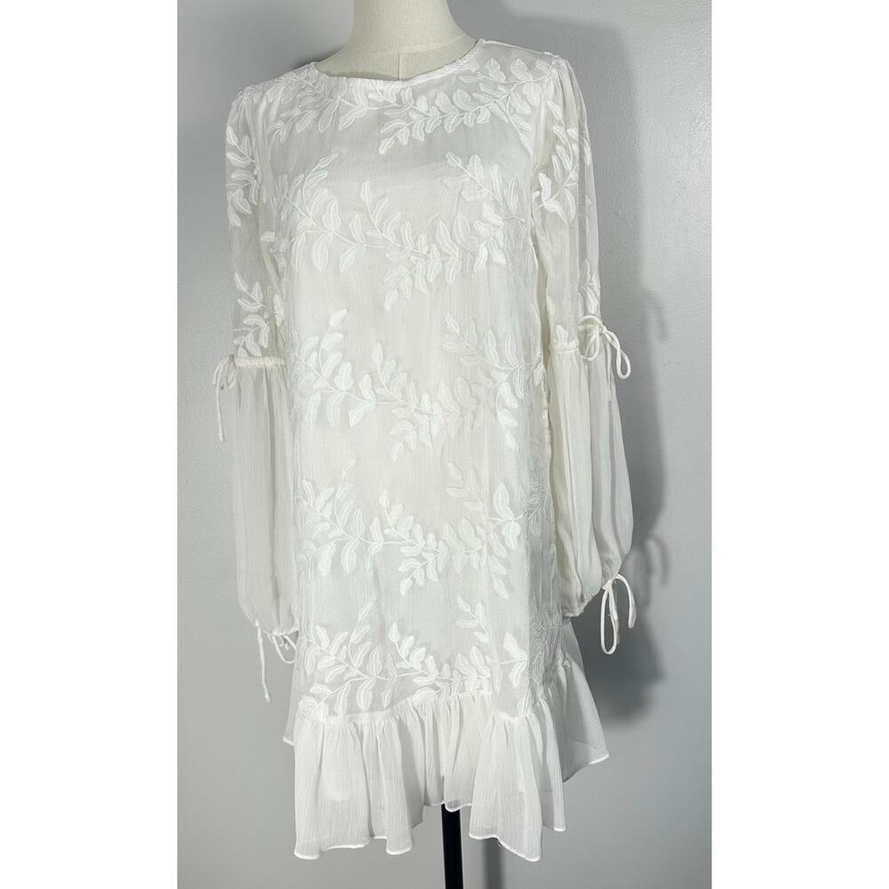 Saints + Secrets White Chiffon Embroidered Lace Boho Ruffle Mini Dress 12